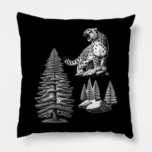 Mountain Majesty: Fir, Granite, and Roaring Leopard Pillow