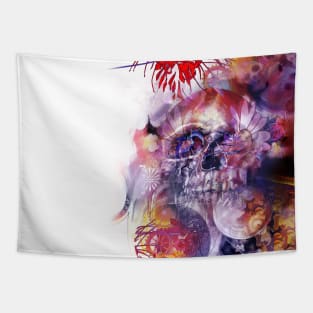 Time skull with gears flowers spider lilies purple teal red Tapestry