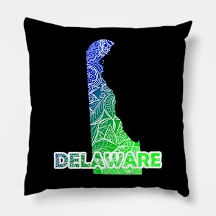 Colorful mandala art map of Delaware with text in blue and green Pillow