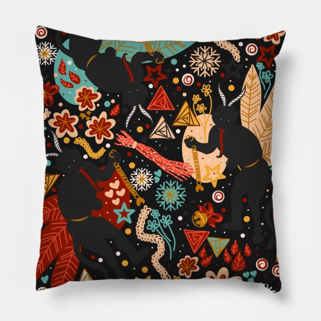 Krampus Christmas Demon On Dark Background Pattern Pillow by panco