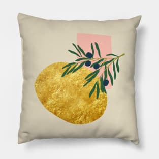 Minimalist italian olive branch with abstract gold and pick form Pillow