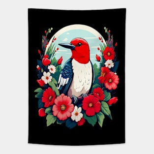 Cute Red Headed Woodpecker Surrounded by Vibrant Flowers Tapestry