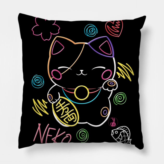 Neon Neko (3) - Cute neon light Japanese beckoning cats to bring you good luck Pillow by SamInJapan