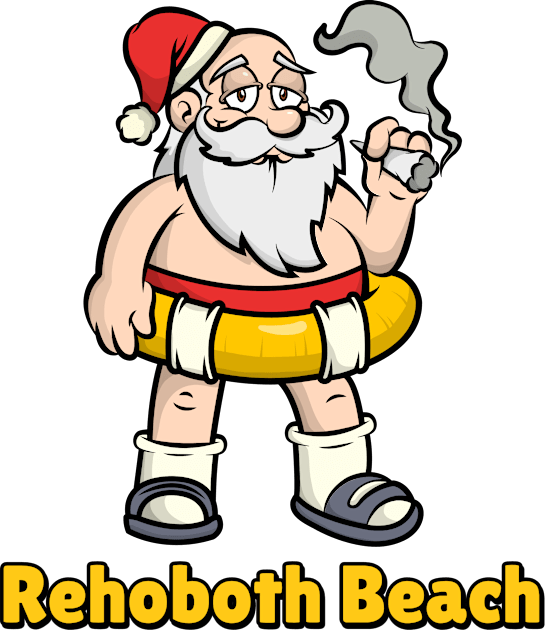 Rehoboth Beach Funny Lazy and Naked Santa Clause Smoking a Joint with a Swim Tube Around Him, Funny Christmas Gift Kids T-Shirt by AbsurdStore