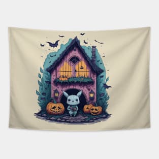 Cute Bunny in Scary Halloween house Tapestry