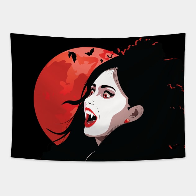 Vampire woman with red eyes and moon Tapestry by AnnArtshock