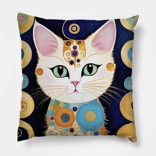 Gustav Klimt's Chromatic Kitty: Colorful Cat Illustration Pillow