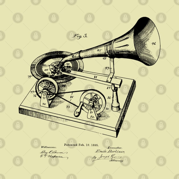 Vintage Patent Print Gramophone 1895 by MadebyDesign