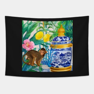 Monkey and chinoiserie jar in tropical ga4den Tapestry