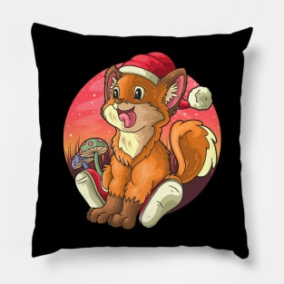 cute fox with christmas hat smiling with tongue out cartoon illustration Pillow