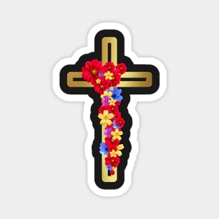 Golden cross with a long necklace of various flowers. Magnet