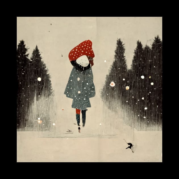 Image of girl in a big red toque walking in the snow as the flakes begin to fall. by Liana Campbell