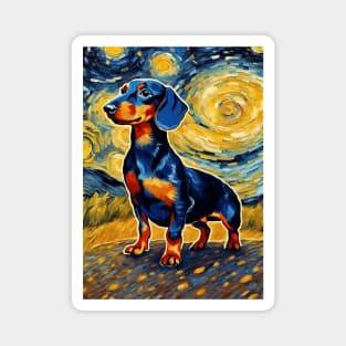 Cute Dachshund Painting Dog Breed in a Van Gogh Starry Night Art Style Magnet