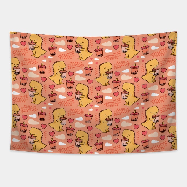 Boba Tea Rex Pattern - Cute Funny Bubble Tea Dino Print Tapestry by BobaTeaMe