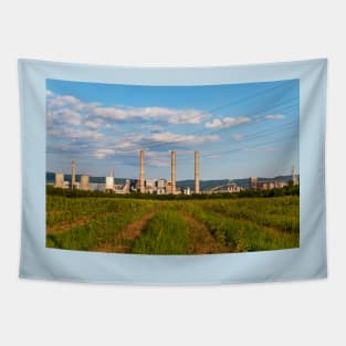 Blue cloudy sky over factory, industrial zone, Romania Tapestry