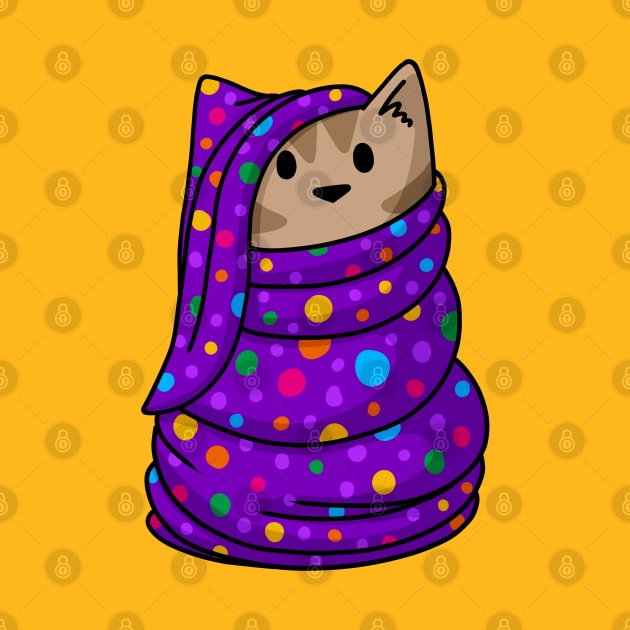 Brown tabby cat wrapped in purple blanket by Doodlecats 