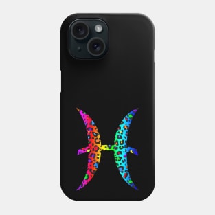 Pisces Zodiac Horoscope Symbol in Dark Rainbow Leopard Print Phone Case