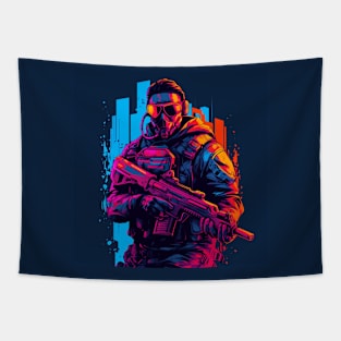 Neon Vanguard: Futuristic Battle Gear Tapestry