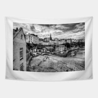 Tenby North Beach Black And White Tapestry