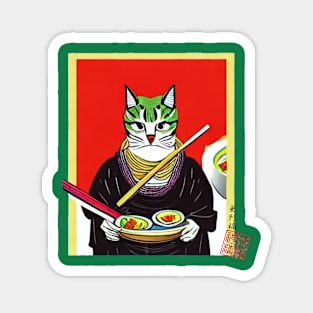 Samurai Cat Enjoying Ramen Magnet