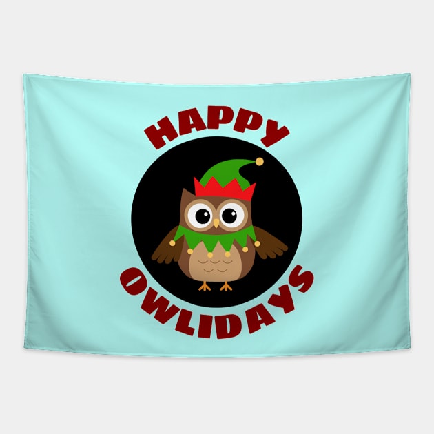 Happy Owlidays | Owl Pun Tapestry by Allthingspunny