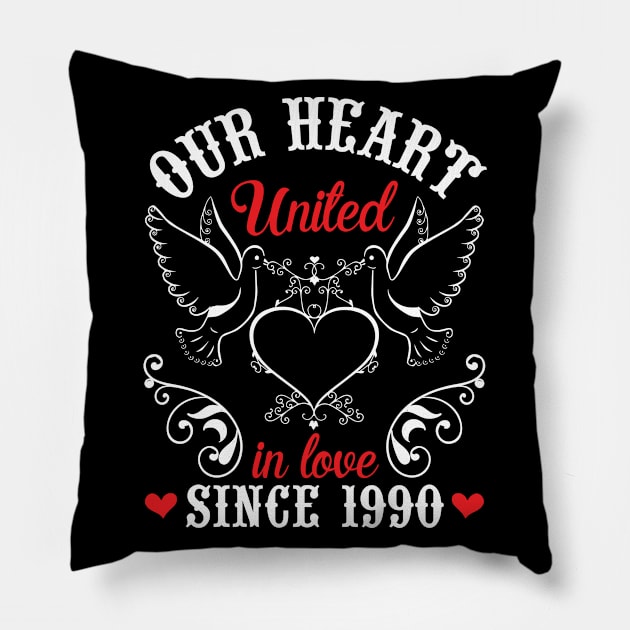 Our Heart United In Love Since 1990 Happy Wedding Married Anniversary 30 Years Husband Wife Pillow by joandraelliot