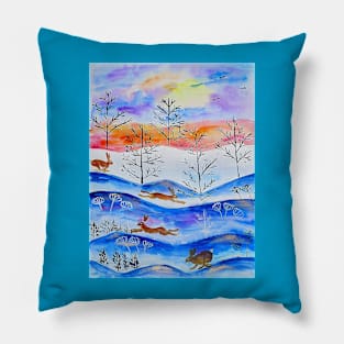 Hares leaping in the Snow at Sunset Pillow