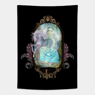 Cute unicorn jump by a gate Tapestry