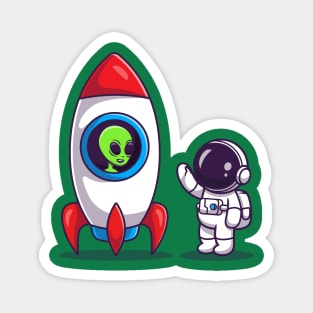 Cute Astronaut With Alien In Rocket Cartoon Magnet