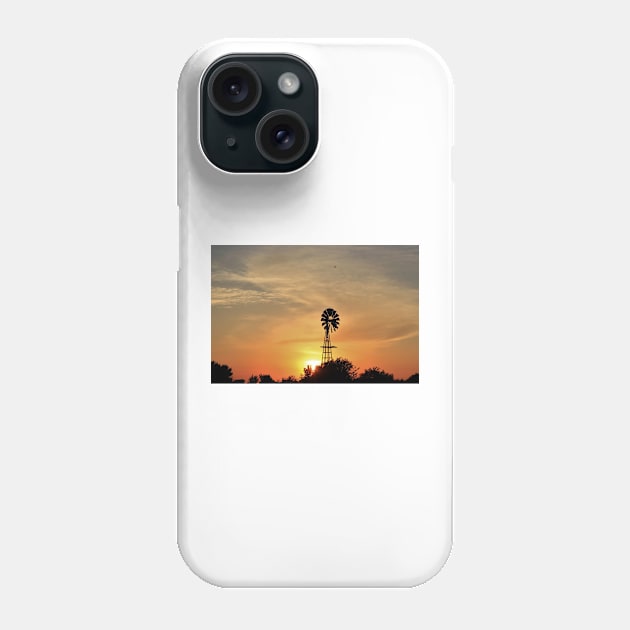 Kansas colorful Sunset with a Windmill silhouette and a bird in the sky. Phone Case by ROBERTDBROZEK