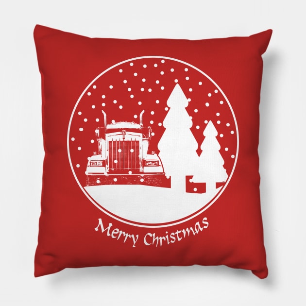 Classic American big rig semi truck Christmas snow globe Pillow by soitwouldseem