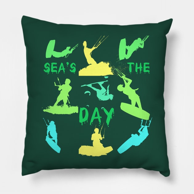 Kitesurfer Silhouette Pattern With Seas The Day Quote Pillow by taiche