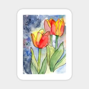 Colorful Tulips Watercolor and Ink Magnet