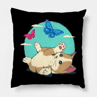 Cute Cat Playing With Butterfly Blue Sky Pillow