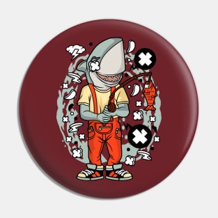 Shark Fisherman Illustration Pin