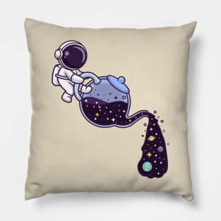 Cute Astronaut Pouring Space From Teapot Cartoon Pillow