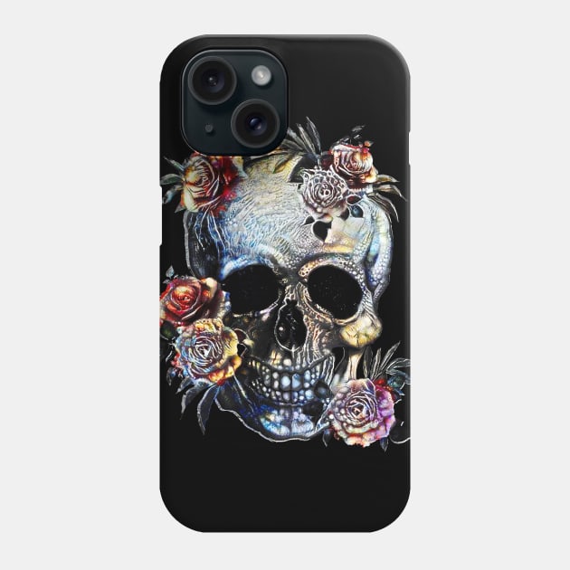 Skull and pink roses, sugar skulls and roses Phone Case by Collagedream