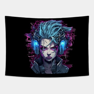 Cyberpunk Girl Tokyo Anime Glitch Phonk Headset Tapestry