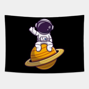 Cute Astronaut Sitting On Planet Waving Tapestry