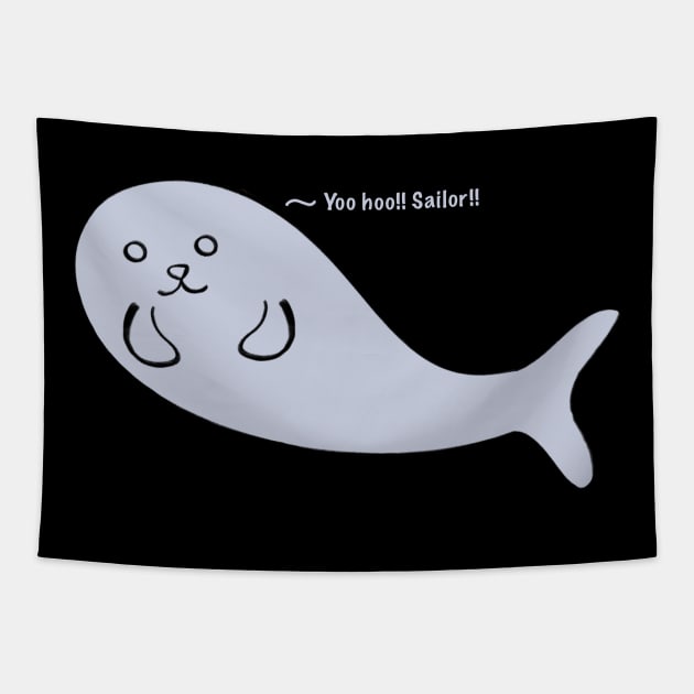 Yoo Hoo Sailor call by Kawaii Cute Seal, Funny Cute Saying, Grey Seal Tapestry by vystudio