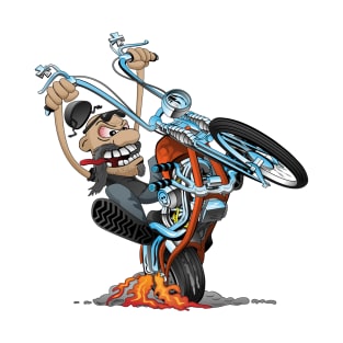 Funny biker riding a chopper, popping a wheelie motorcycle cartoon T-Shirt