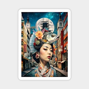 Japanese geisha girl with fish surrealism collage Magnet