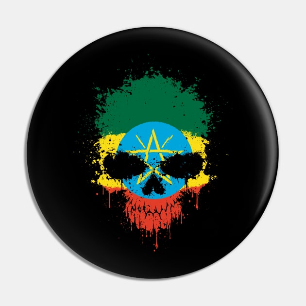 Chaotic Ethiopian Flag Splatter Skull Pin by jeffbartels