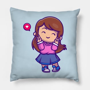 Cute Girl With Peace Sign Cartoon Pillow