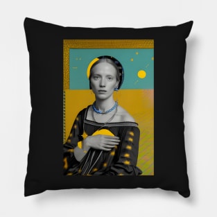 Renaissance Surrealism Painting of a Lady in Blue and Yellow Pillow