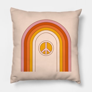 Retro pattern with groovy rainbow, hippie peace sign and flowers. Pillow