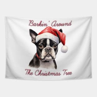Christmas Boston Terrier Dog in Santa Hat Tapestry