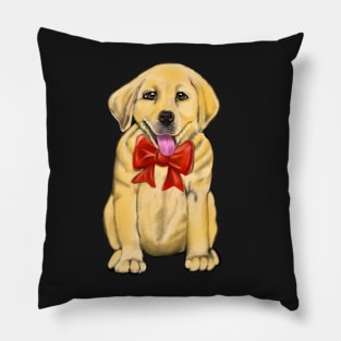 Dog Labrador retriever with red bow- doggie festive cute Golden Labrador retriever puppy dog in winter beanie hat Pillow