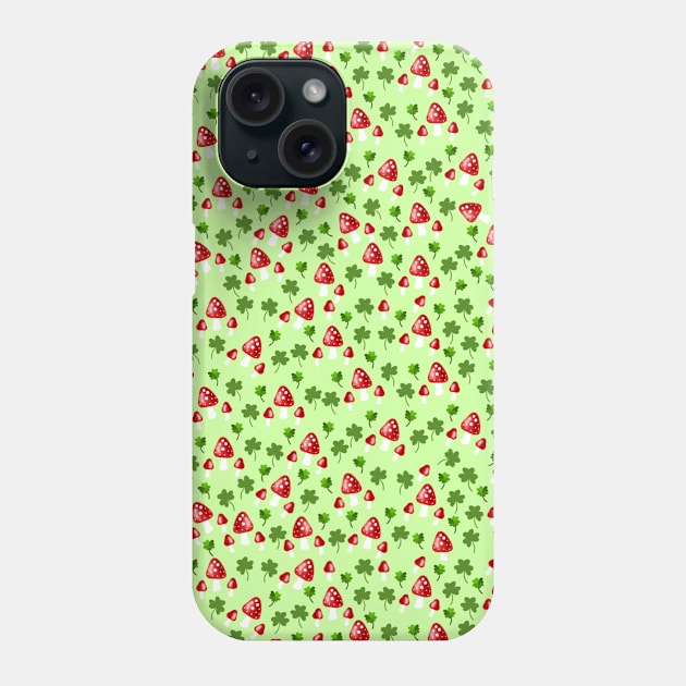 Red Mushrooms with Green Shamrocks and Four Leave Clovers Phone Case by Susy Maldonado illustrations