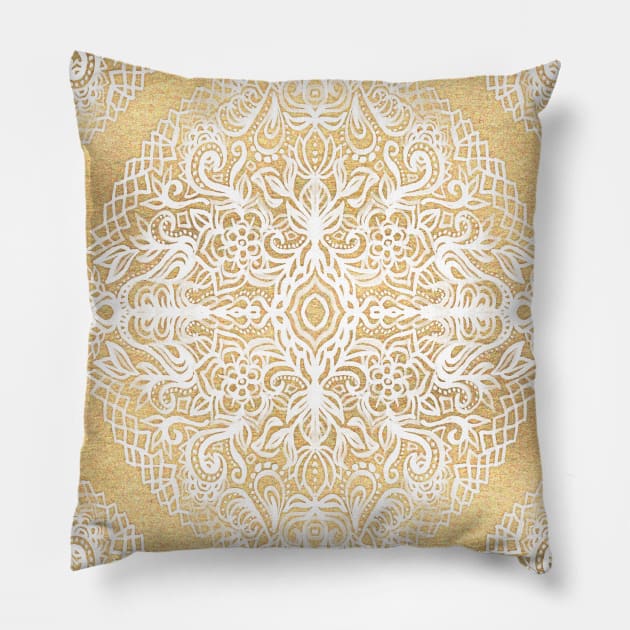 White Gouache Doodle on Gold Paint Pillow by micklyn